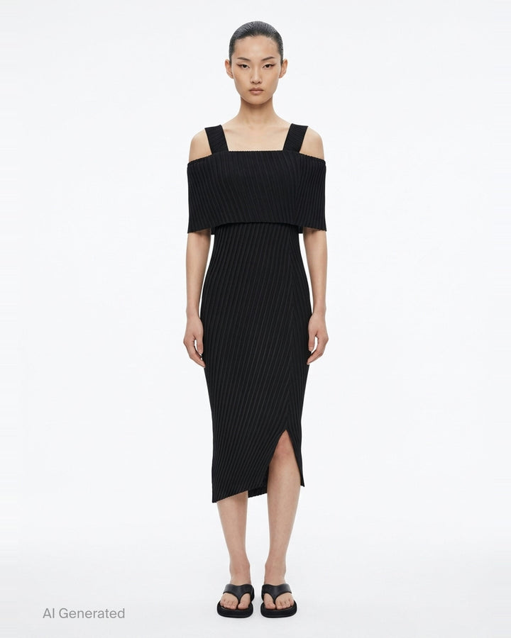 Issey Miyake Tubular Pleats black micro-pleated cold-shoulder midi dress with foldover bodice, wide straps, and asymmetric hem, displayed flat on white background - front
