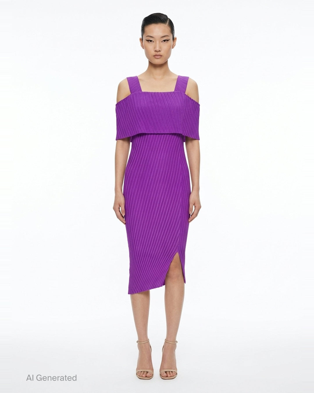 Issey Miyake Tubular Pleats black micro-pleated cold-shoulder midi dress with foldover bodice, wide straps, and asymmetric hem, displayed flat on white background - front