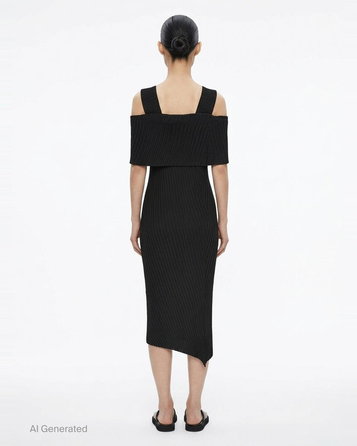 Issey Miyake Tubular Pleats black micro-pleated cold-shoulder midi dress with foldover bodice, wide straps, and asymmetric hem, displayed flat on white background - back