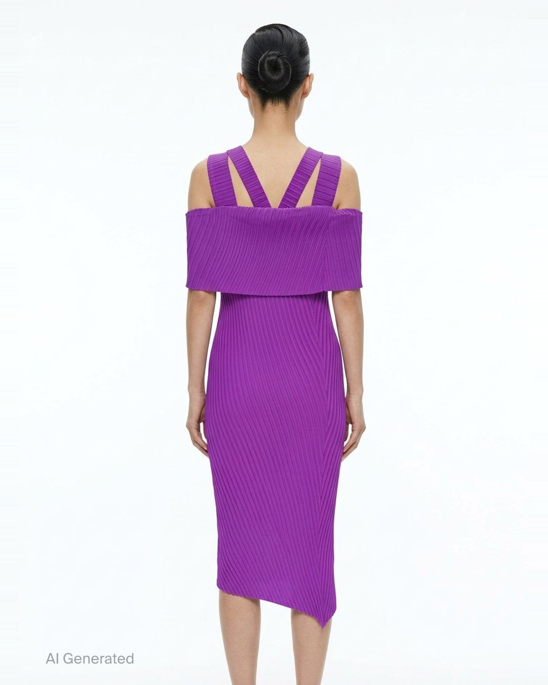 Issey Miyake Tubular Pleats black micro-pleated cold-shoulder midi dress with foldover bodice, wide straps, and asymmetric hem, displayed flat on white background - back