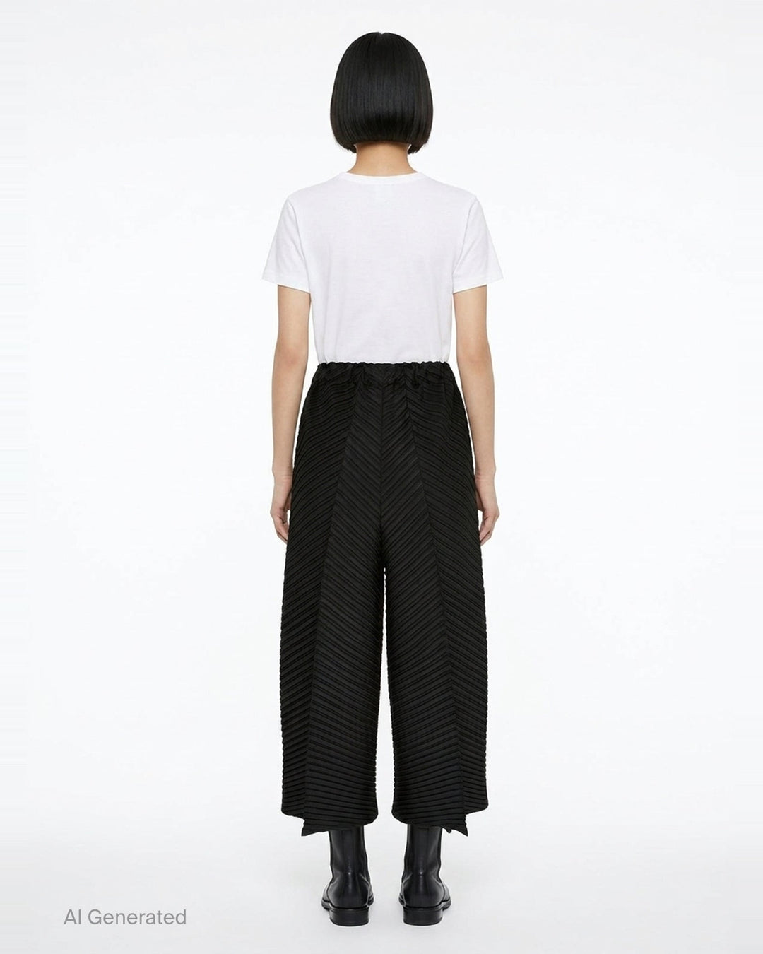 Issey Miyake Tubular Pleats wide-leg black pants with diagonal chevron pleating and elasticated waistband, displayed flat on white background - back
