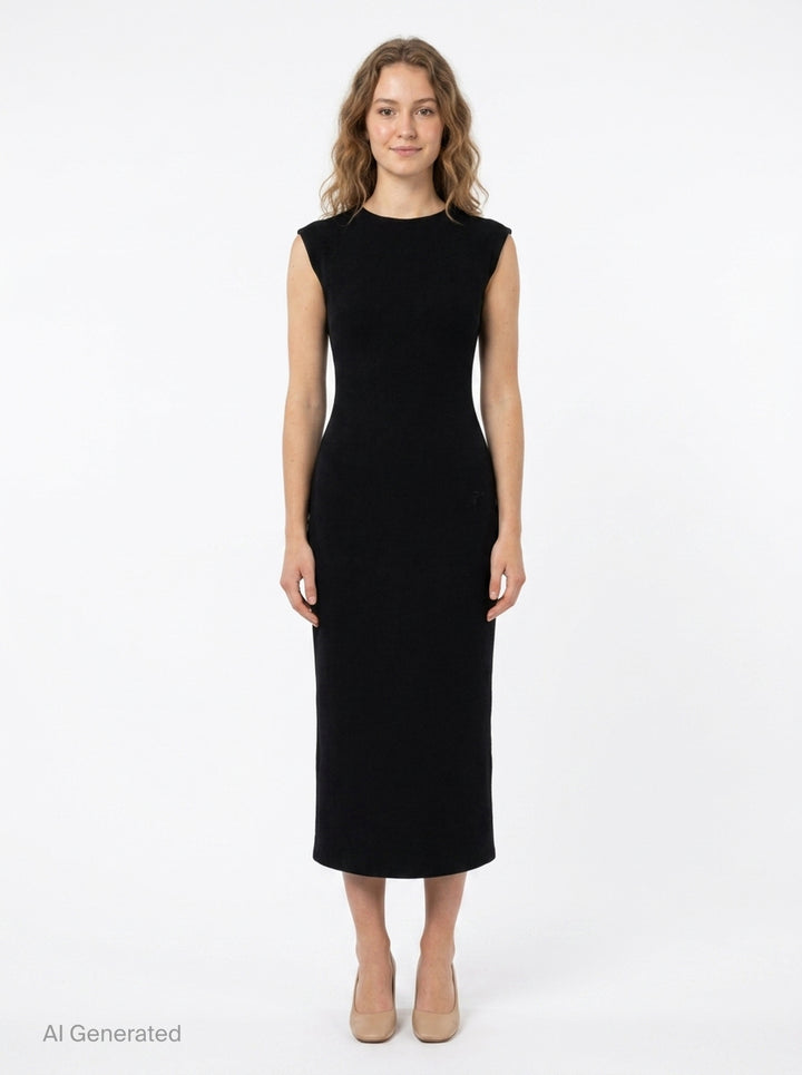 Jacquemus Alba sleeveless black woven midi dress with round neckline, structured shoulders, and body-skimming silhouette, shown from the front against a white background - front