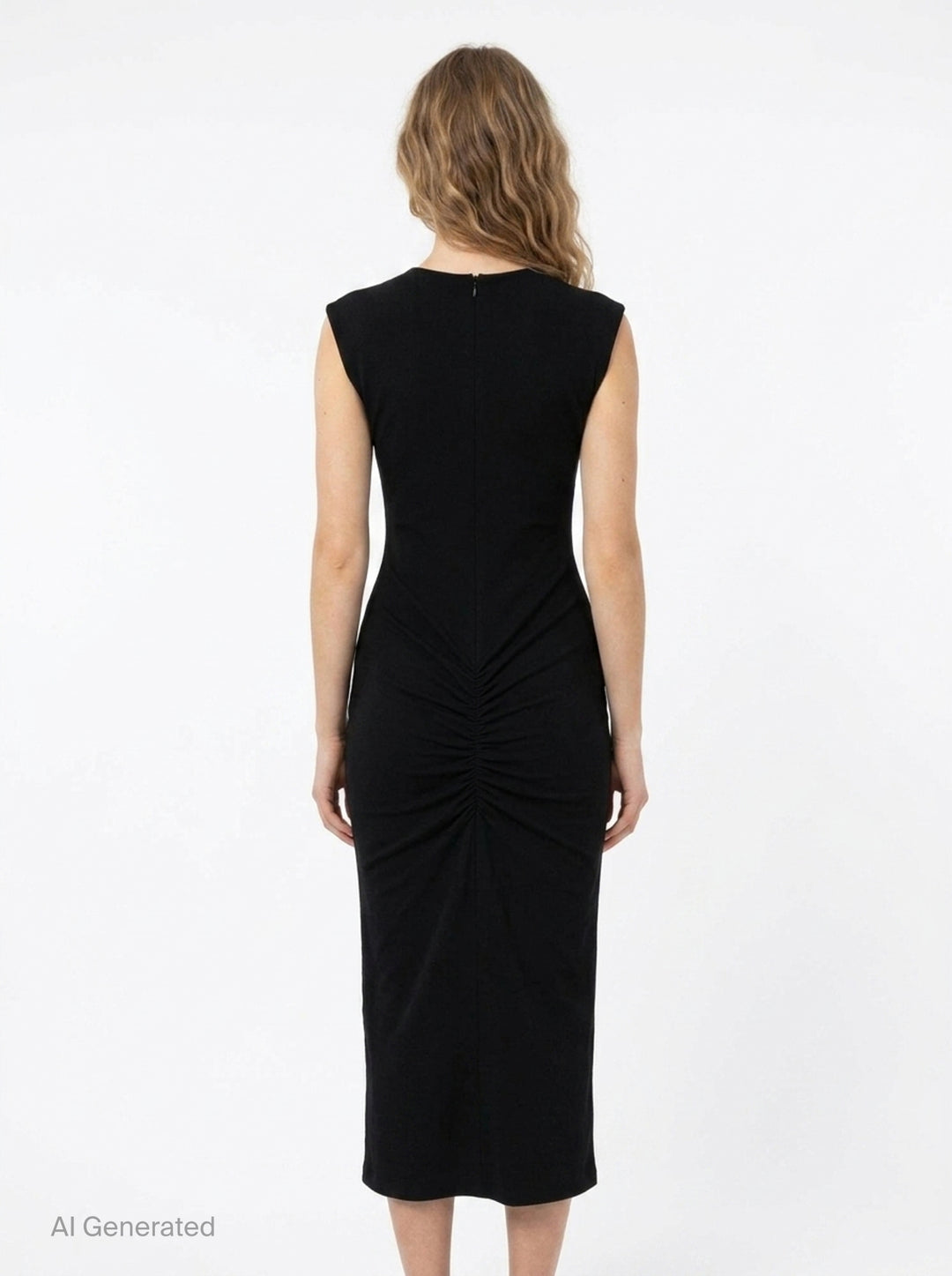 Jacquemus Alba sleeveless black woven midi dress with round neckline, structured shoulders, and body-skimming silhouette, shown from the front against a white background - back