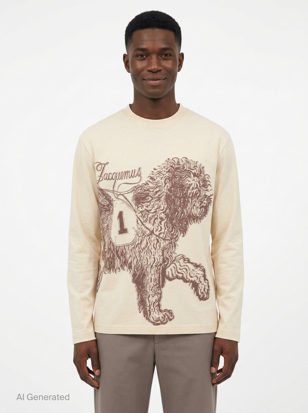 Jacquemus Le T-Shirt Bichon in ecru — long-sleeve crew-neck tee featuring a tonal brown hand-drawn curly dog illustration with a varsity number bib and cursive Jacquemus script across the front - front