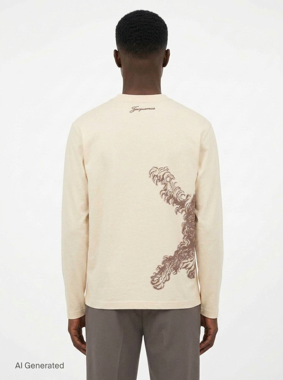 Jacquemus Le T-Shirt Bichon in ecru — long-sleeve crew-neck tee featuring a tonal brown hand-drawn curly dog illustration with a varsity number bib and cursive Jacquemus script across the front - back