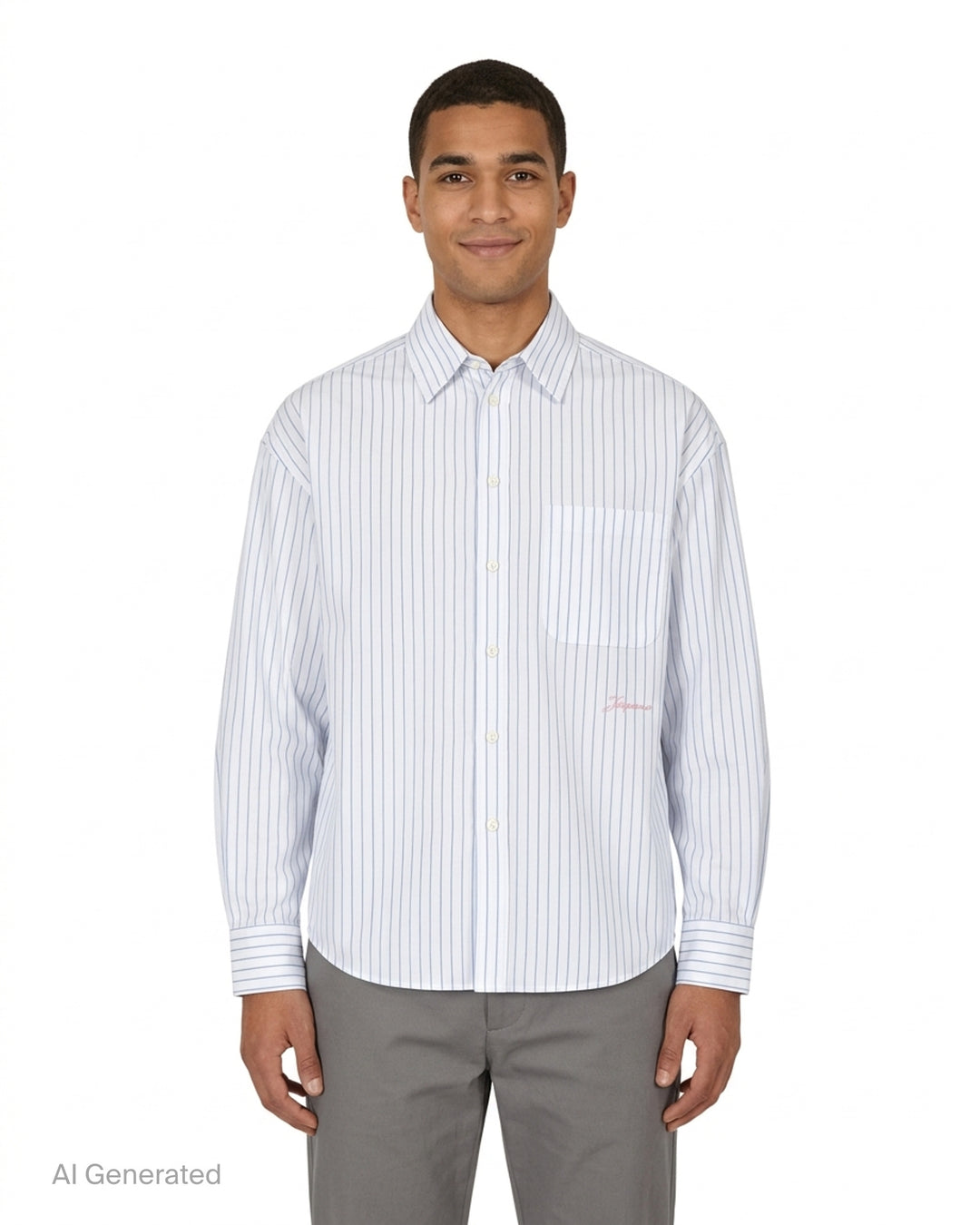 Jacquemus Cuadro long sleeve shirt in white with blue pinstripes, chest pocket and pink script logo embroidery - front