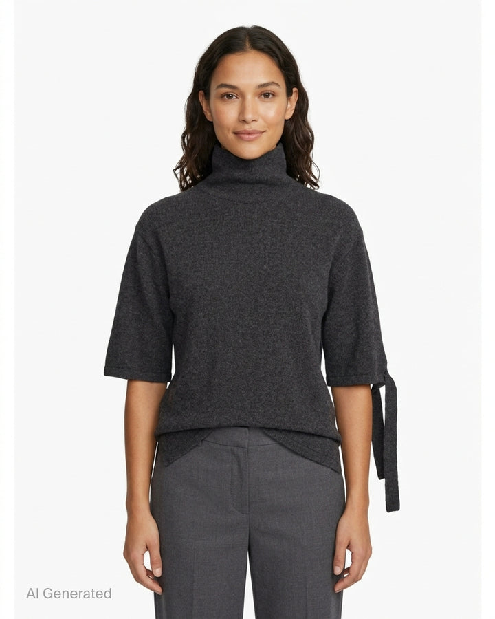 Jacquemus Fiocco beige knit turtleneck top with short sleeves, a tied bow at the sleeve and gathered waist detail - front