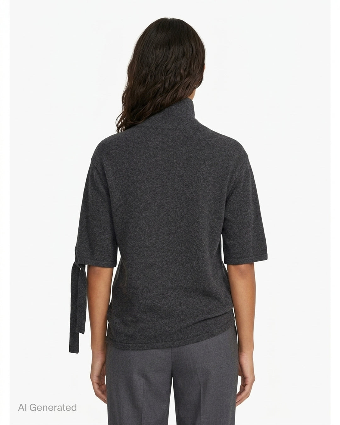 Jacquemus Fiocco beige knit turtleneck top with short sleeves, a tied bow at the sleeve and gathered waist detail - back
