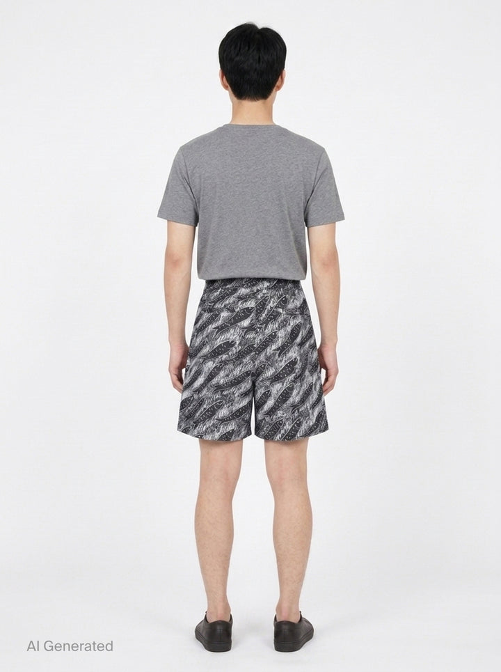 Jacquemus Le Short Pyjama wide-leg shorts with an all-over black and white fish-school graphic print, featuring a high-rise waistband with twin button fastening - back