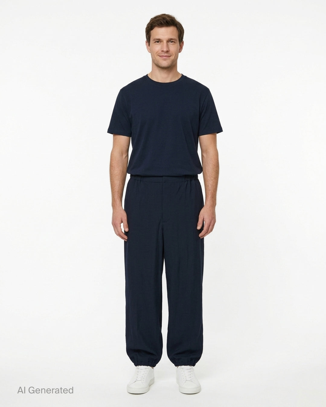 Jacquemus Gio midnight navy trousers with elasticated waistband and gathered hems, shown from the front - front