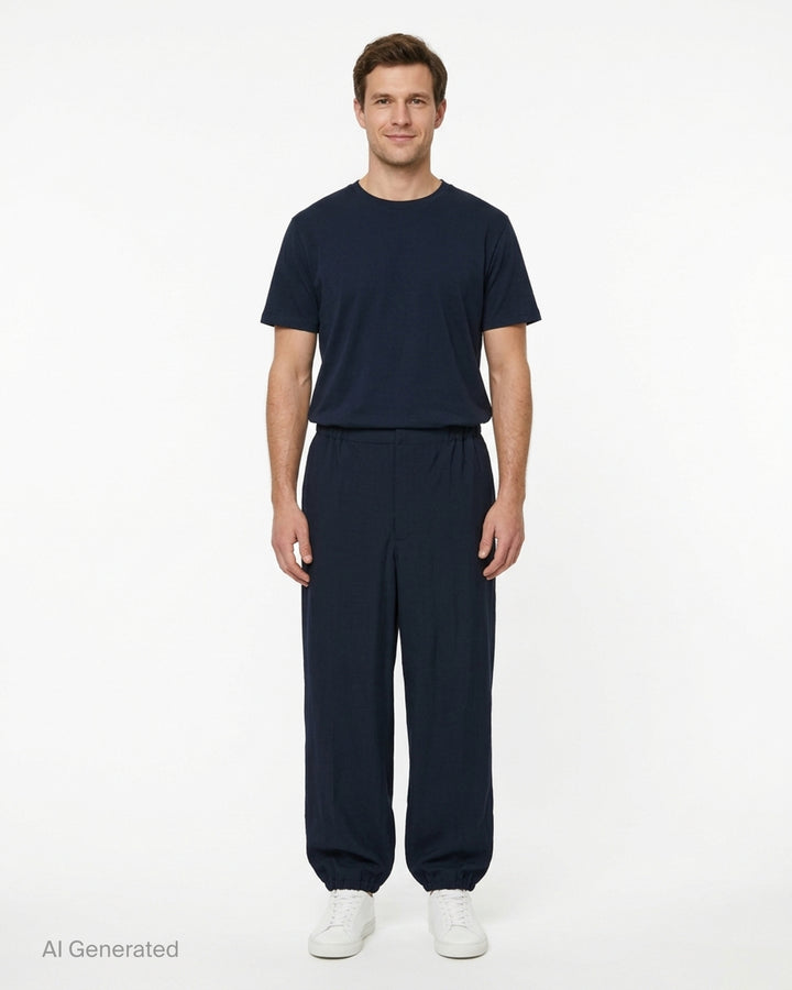 Jacquemus Gio midnight navy trousers with elasticated waistband and gathered hems, shown from the front - front