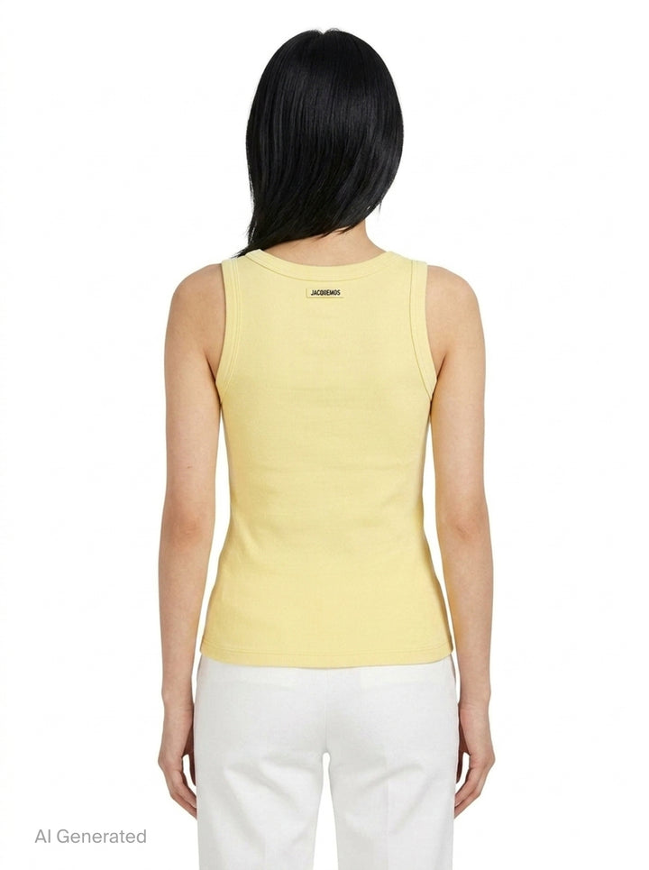 Jacquemus gros grain ribbed jersey tank top in mauve, featuring a deep scoop neckline, structured straps, and a woven brand label at the back neck - back