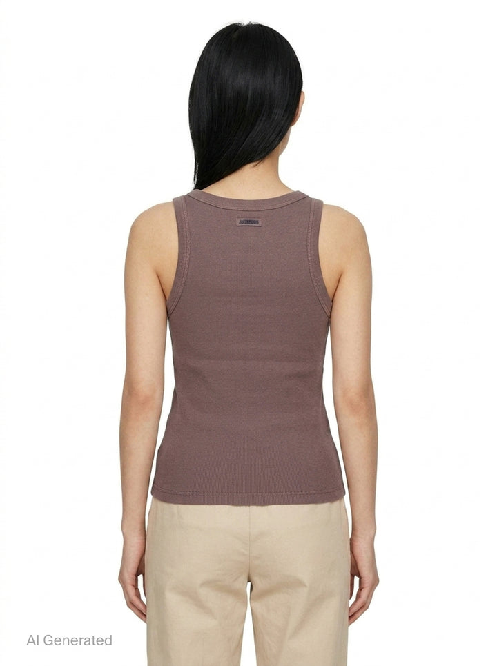Jacquemus gros grain ribbed jersey tank top in mauve, featuring a deep scoop neckline, structured straps, and a woven brand label at the back neck - back