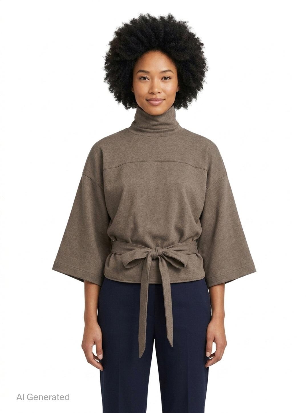 Jacquemus Havana Woven Belted Top in taupe, featuring a high turtleneck collar, wide elbow-length sleeves, and a long self-tie fabric belt at the gathered hem, displayed flat on a white background - front
