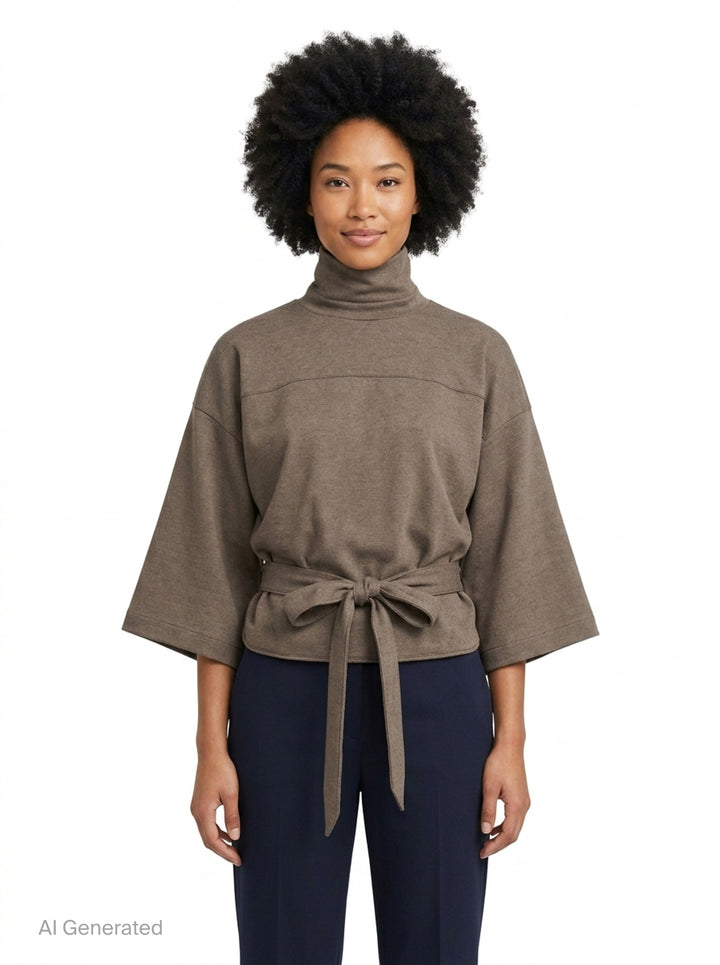 Jacquemus Havana Woven Belted Top in taupe, featuring a high turtleneck collar, wide elbow-length sleeves, and a long self-tie fabric belt at the gathered hem, displayed flat on a white background - front