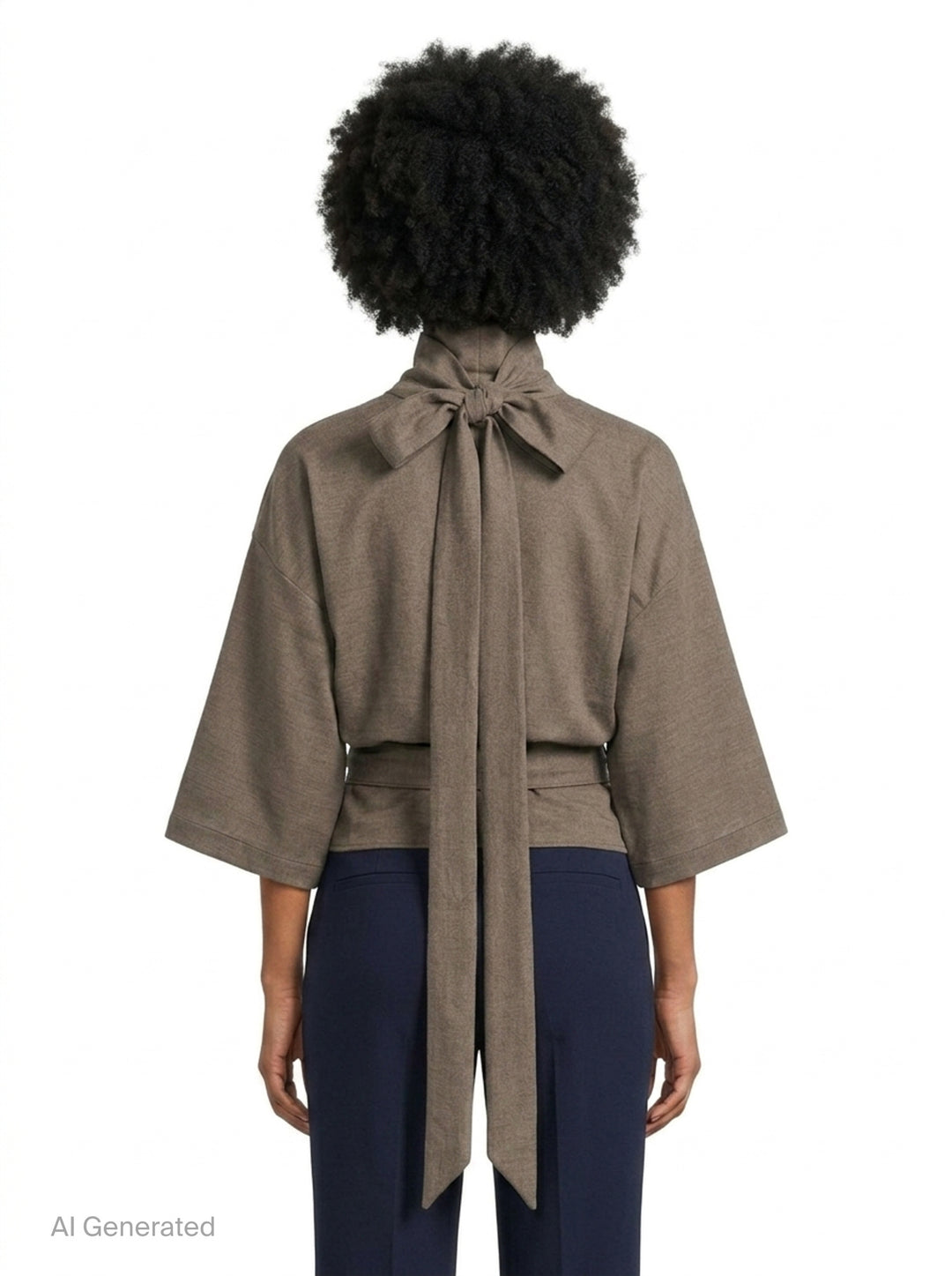 Jacquemus Havana Woven Belted Top in taupe, featuring a high turtleneck collar, wide elbow-length sleeves, and a long self-tie fabric belt at the gathered hem, displayed flat on a white background - back