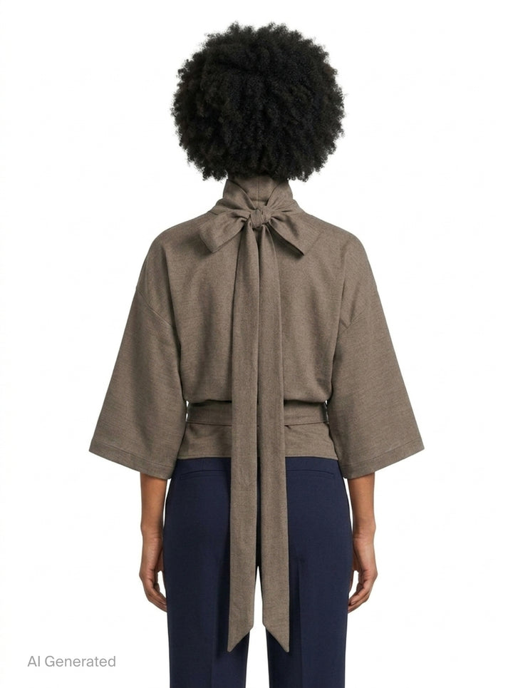 Jacquemus Havana Woven Belted Top in taupe, featuring a high turtleneck collar, wide elbow-length sleeves, and a long self-tie fabric belt at the gathered hem, displayed flat on a white background - back