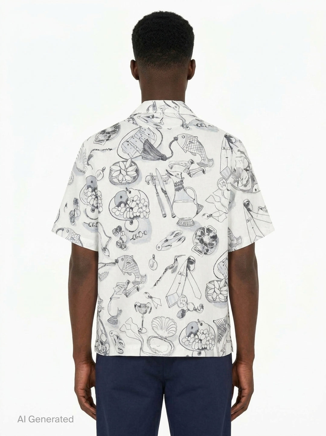 Jacquemus La Chemise Cocktail short sleeve shirt in white with an all-over monochrome hand-drawn still-life sketch print featuring shells, fish, fruit, and ribbon motifs, camp collar, and button-through front fastening - back