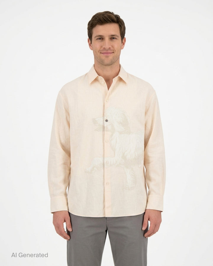 Jacquemus La Chemise Pisco long sleeve cream shirt with tonal poodle print across the front and button placket - front