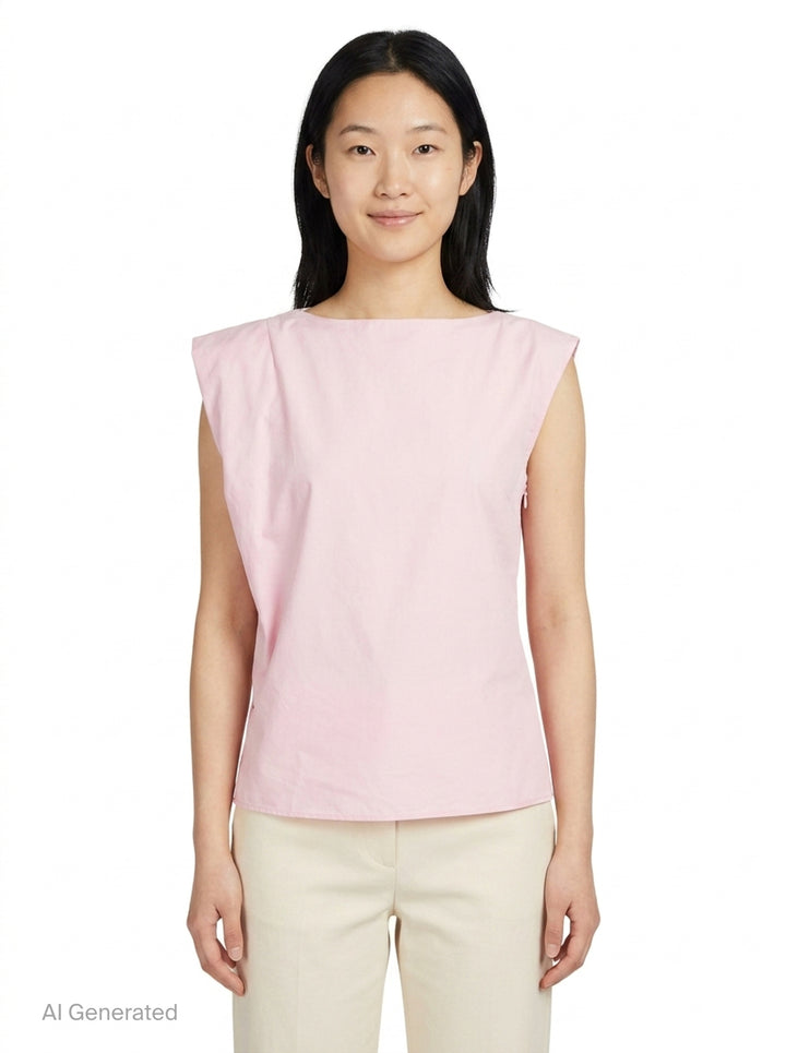 Jacquemus La Haut Drap sleeveless woven top in pale pink with structured shoulder seams, side zip detail, and navy brand label at the neckline - front