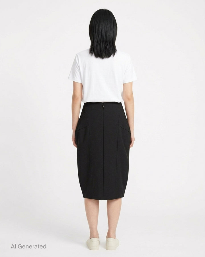 Jacquemus La Jupe Ovalo black woven midi skirt with sculpted rounded silhouette and pleated waist, front view - back