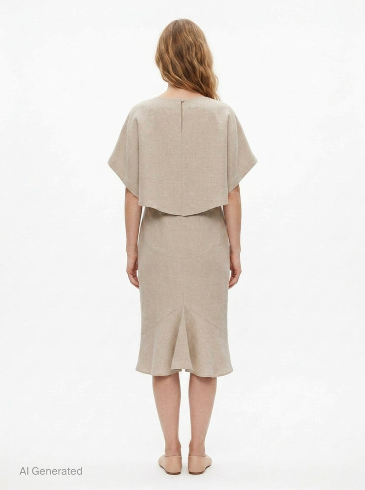Jacquemus La Robe Poisson woven midi dress in natural beige, featuring a cocoon silhouette, angular short sleeves, and a wide boat neckline — back view on white background - back