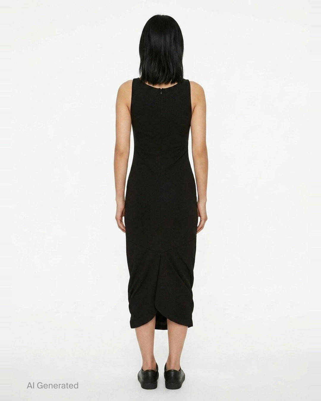 Jacquemus La Robe Regata black sleeveless jersey midi dress with ruched hem and back zip closure, shown from the back - back