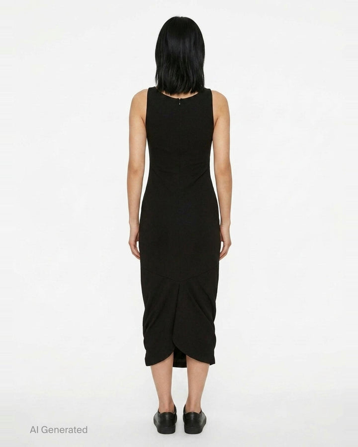 Jacquemus La Robe Regata black sleeveless jersey midi dress with ruched hem and back zip closure, shown from the back - back