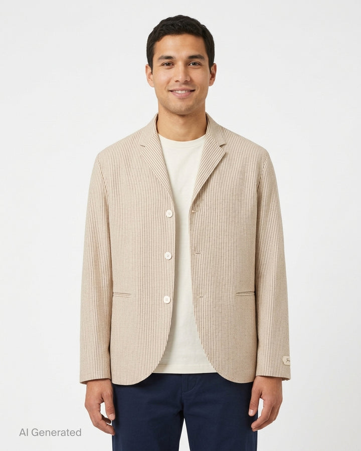 Jacquemus La Veste Palmier cream pinstriped three-button blazer with notched lapel, welt pockets and curved hem - front