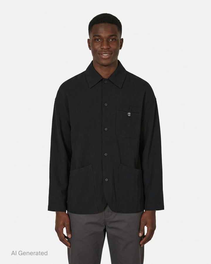 Jacquemus La Veste Strada black button-up chore jacket with chest pocket and two oversized front patch pockets - front