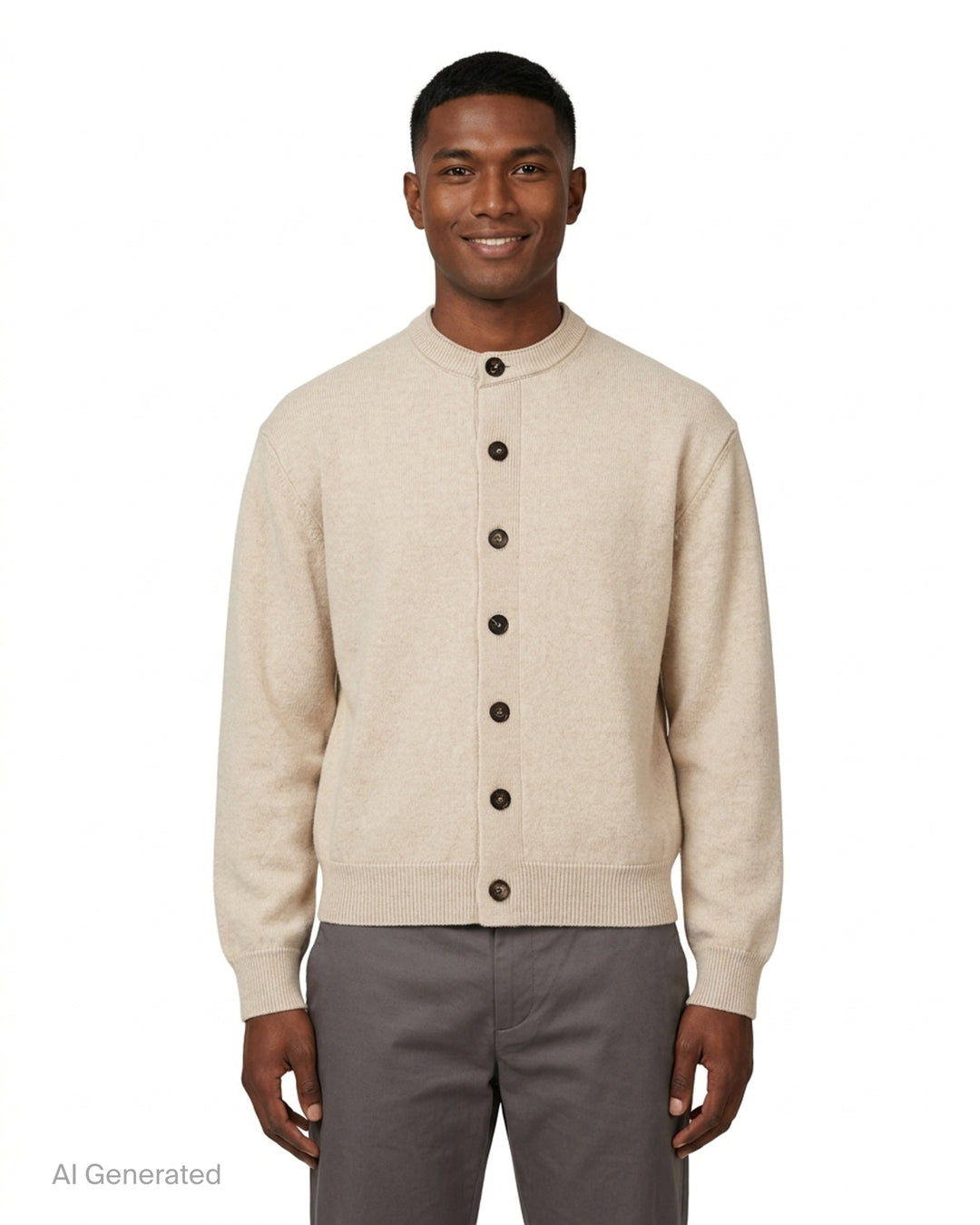 Jacquemus Le Cardigan Moulin in beige knit with a collarless neckline and dark tortoiseshell-effect front buttons - front