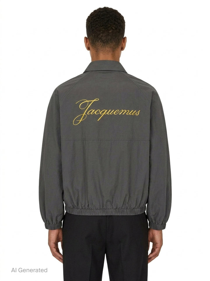 Jacquemus Le Coupe-Vent blouson in slate grey with full-length zip closure, gold script 'J' embroidery on the chest, elasticated cuffs, and drawstring hem - back