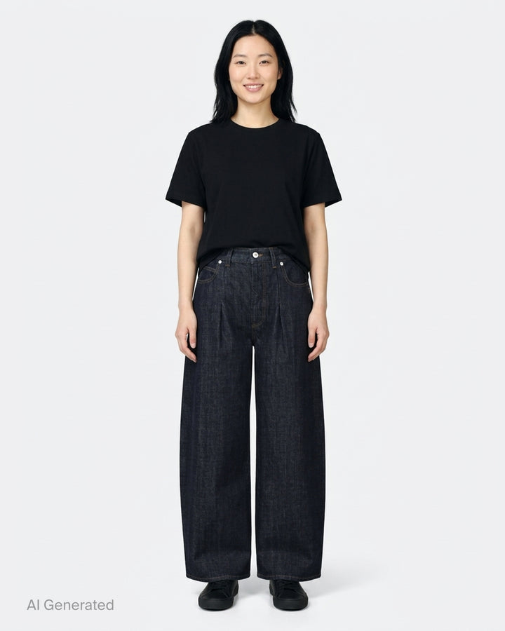 Jacquemus Le De-Nîmes Ovalo jeans in dark indigo denim with a curved barrel leg, front pleats and contrast topstitching - front