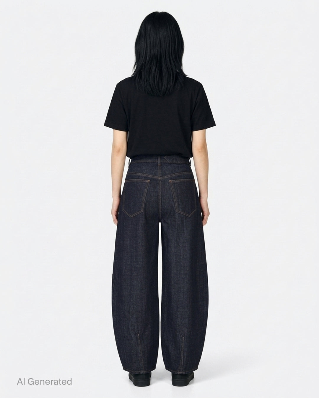 Jacquemus Le De-Nîmes Ovalo jeans in dark indigo denim with a curved barrel leg, front pleats and contrast topstitching - back