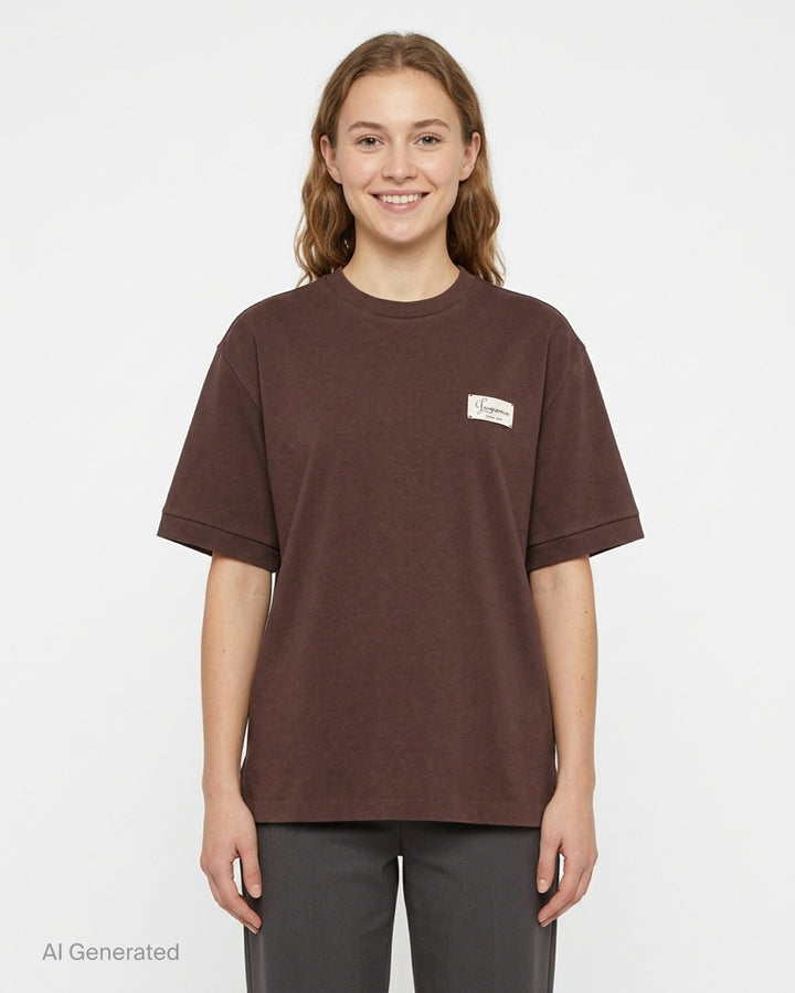 Jacquemus Le Montaigne oversized short sleeve tee in chocolate brown with woven script label on the chest - front