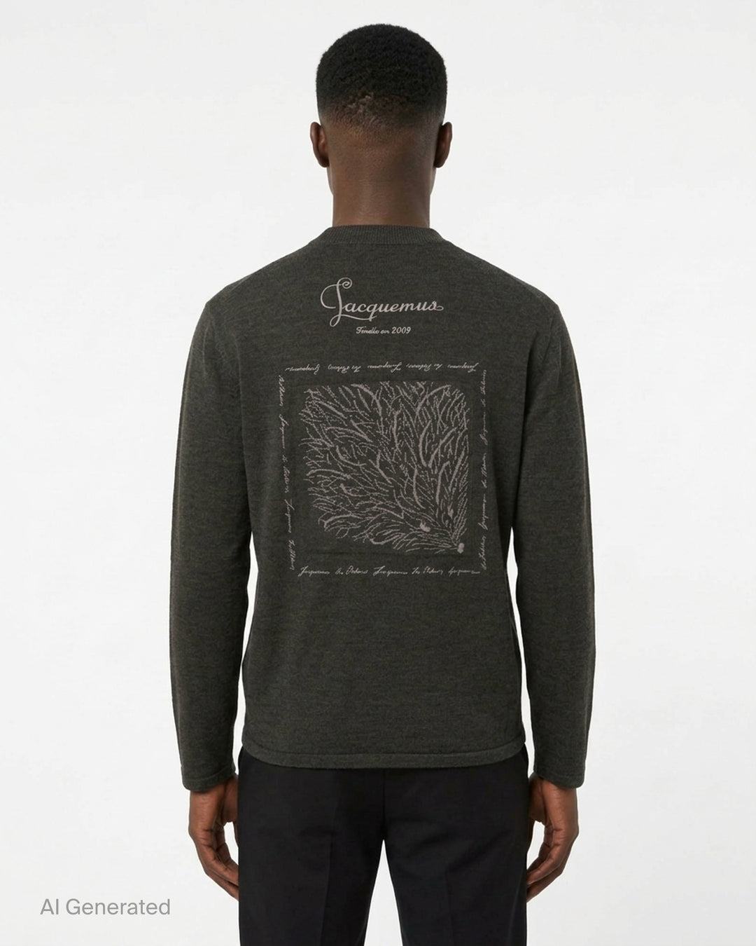 Jacquemus charcoal knit sweater with mock neckline and intarsia J monogram with Le Palmier script at the chest - back