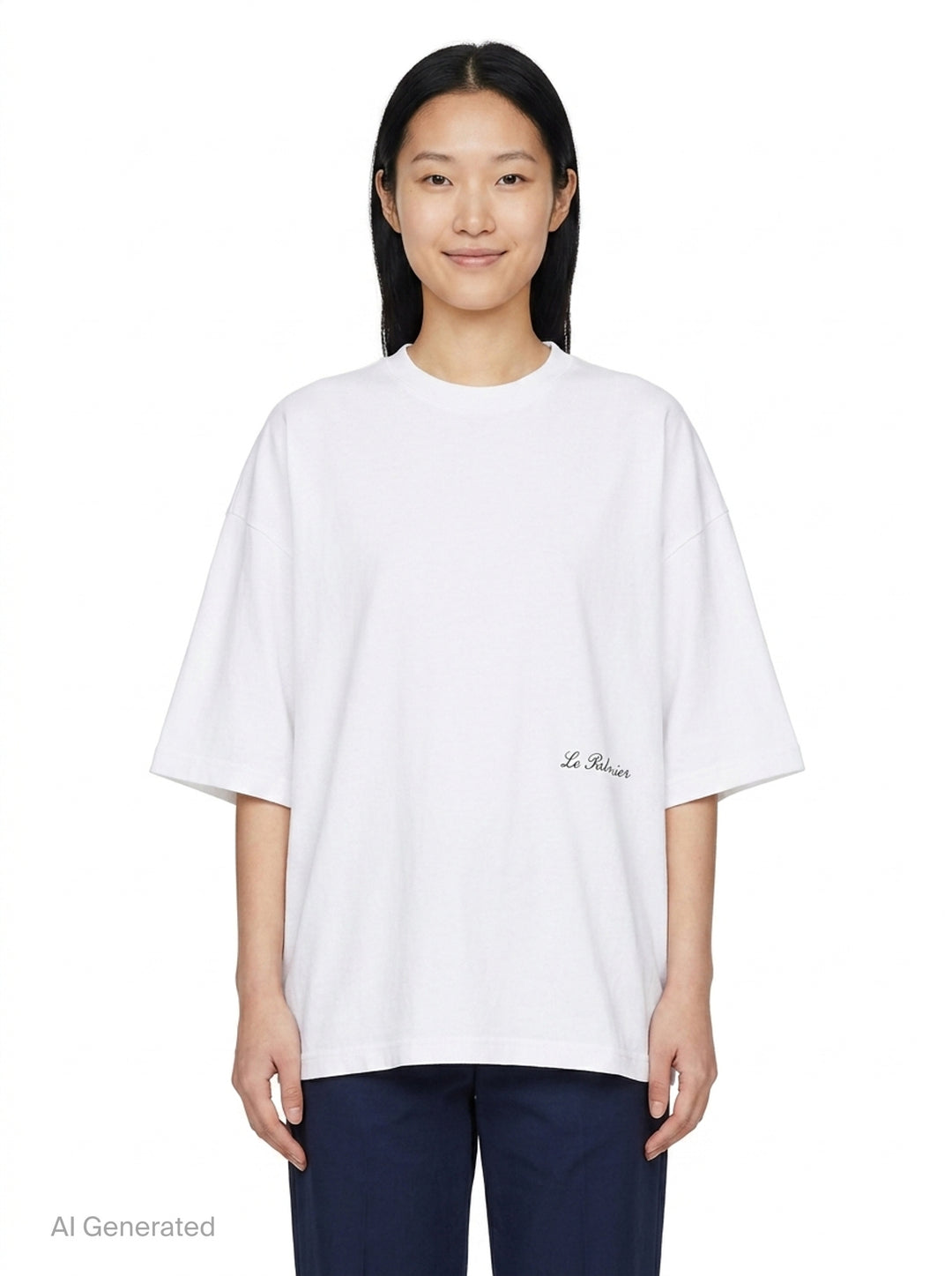 Jacquemus Le Palmier oversized white cotton tee with drop shoulders and 'Le Palmier' script embroidery at the hem, product flat lay - front