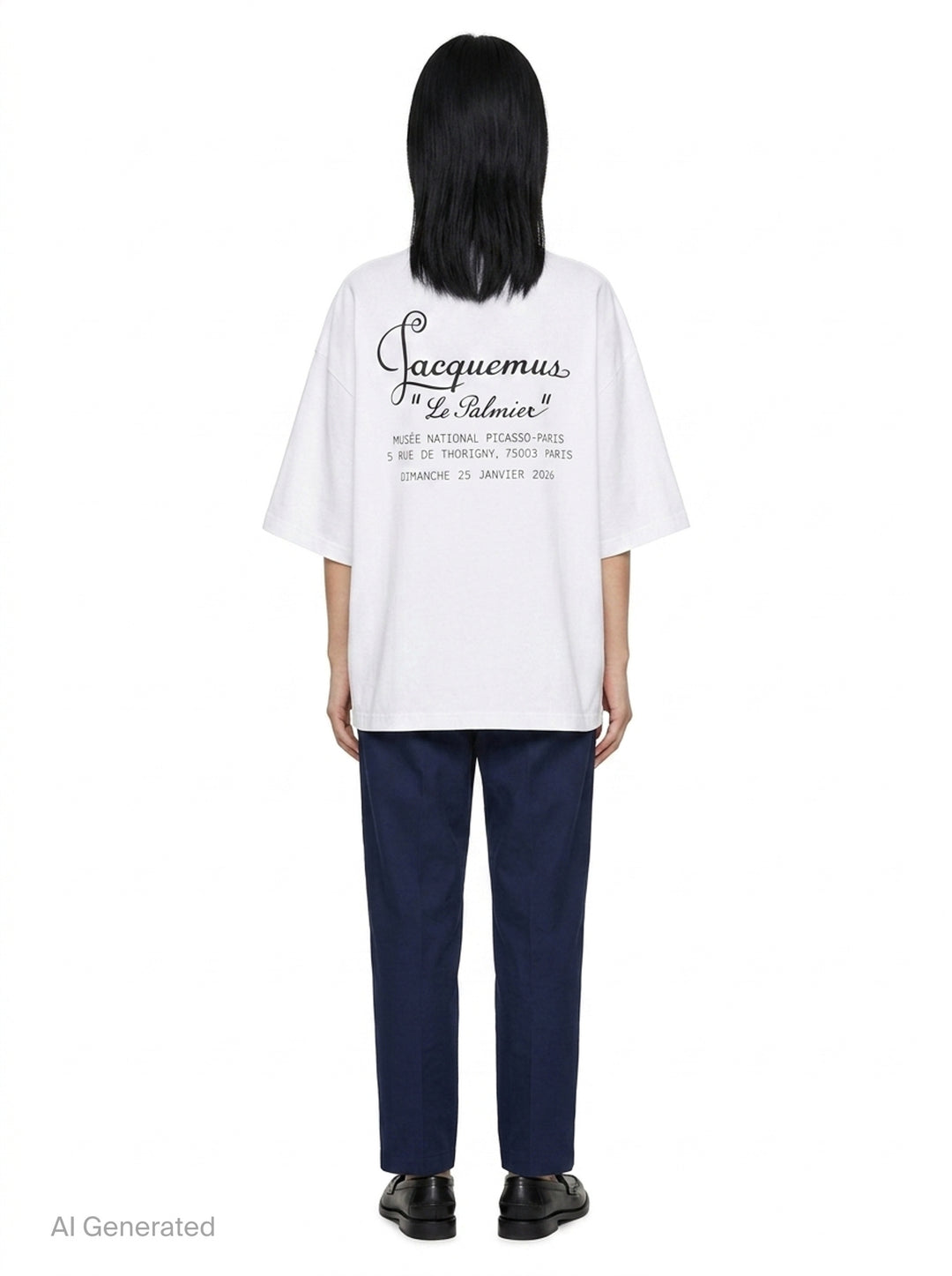 Jacquemus Le Palmier oversized white cotton tee with drop shoulders and 'Le Palmier' script embroidery at the hem, product flat lay - back