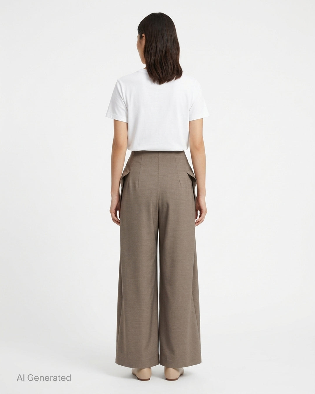 Jacquemus Le Pantalon Cubisto high-waisted wide-leg trousers in taupe-brown woven fabric with sculpted curved side seams, shown from the front - back
