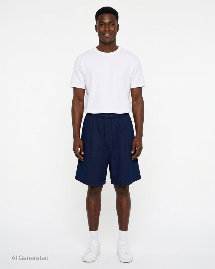 Jacquemus Le Short De-Nîmes Venice relaxed pleated shorts in deep indigo denim with elasticated waistband and button placket - front