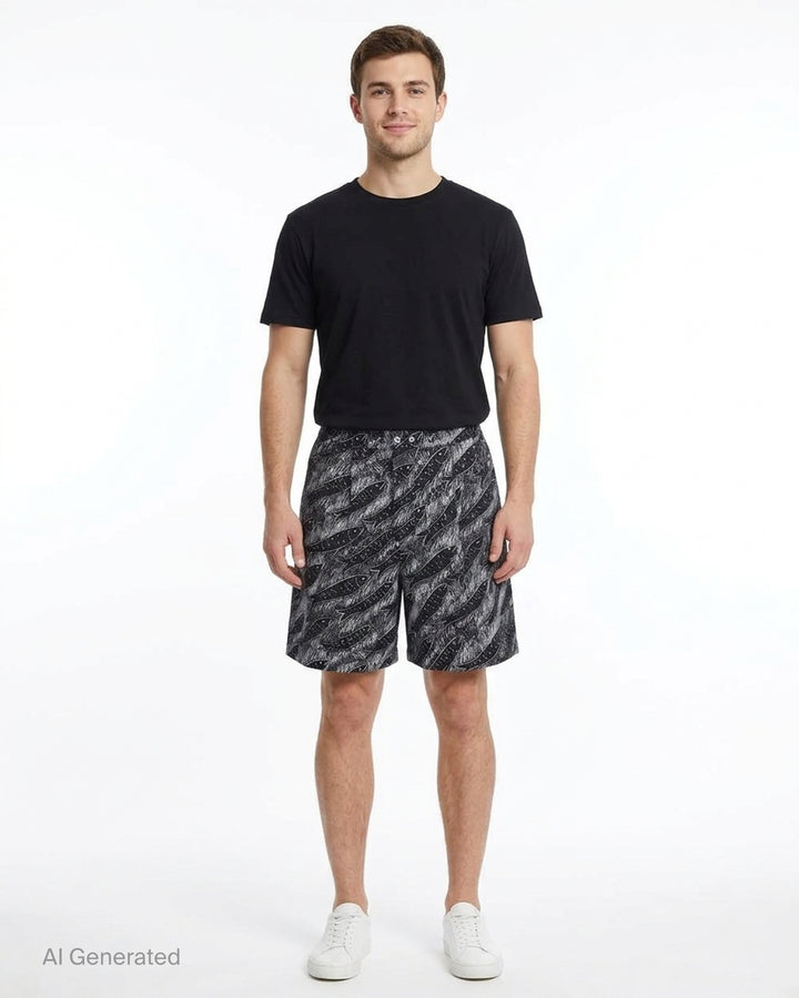 Jacquemus Le Short Pyjama shorts in a black and white chalk-drawn fish print with an elasticated waist and two-button front - front