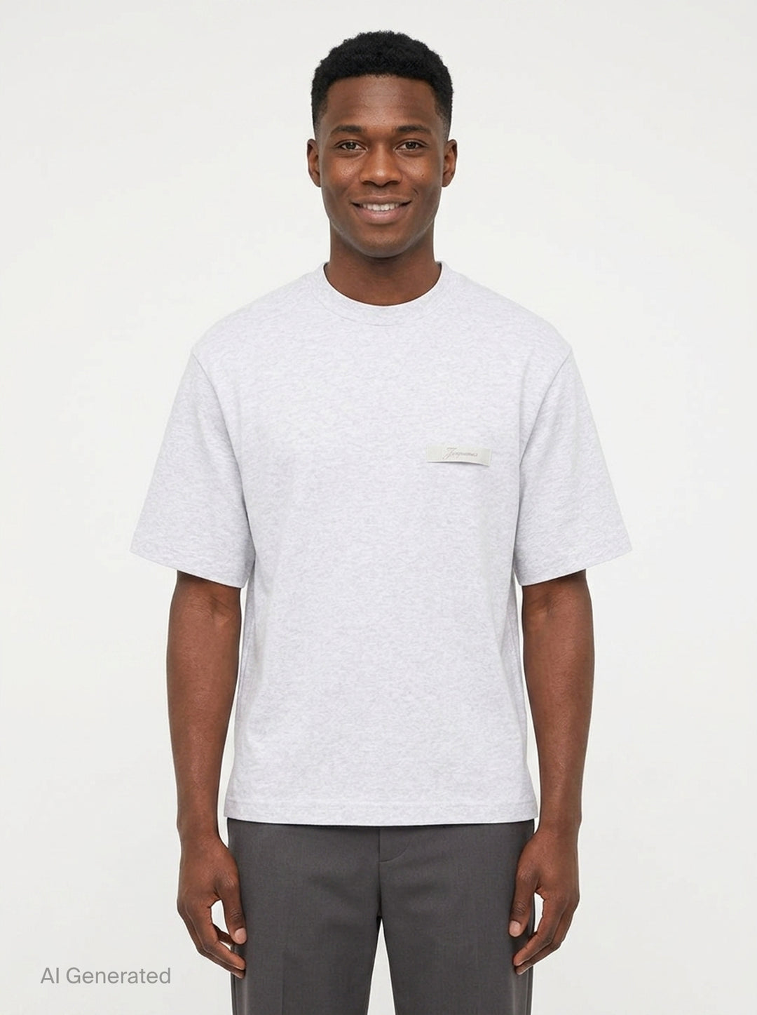 Jacquemus Le T-Shirt Ruban in charcoal grey, featuring a boxy silhouette, crew neckline, and a tonal signature woven label patch at the chest - front