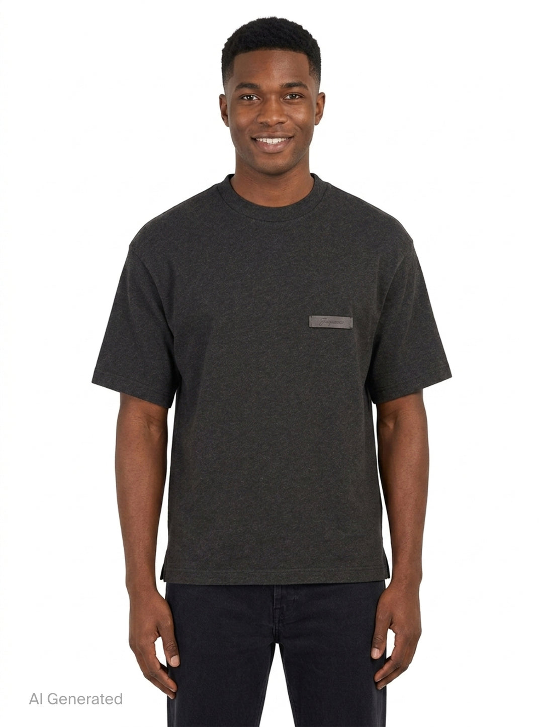Jacquemus Le T-Shirt Ruban in charcoal grey, featuring a boxy silhouette, crew neckline, and a tonal signature woven label patch at the chest - front