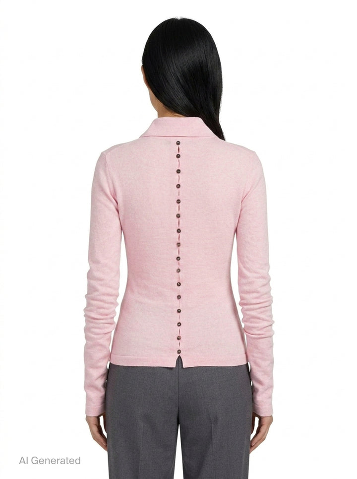Jacquemus Le Polo Merino long-sleeve knit polo in blush pink with dark snap-button placket, ruched sleeves, and snap-button cuffs, displayed on a flat lay against a white background - back