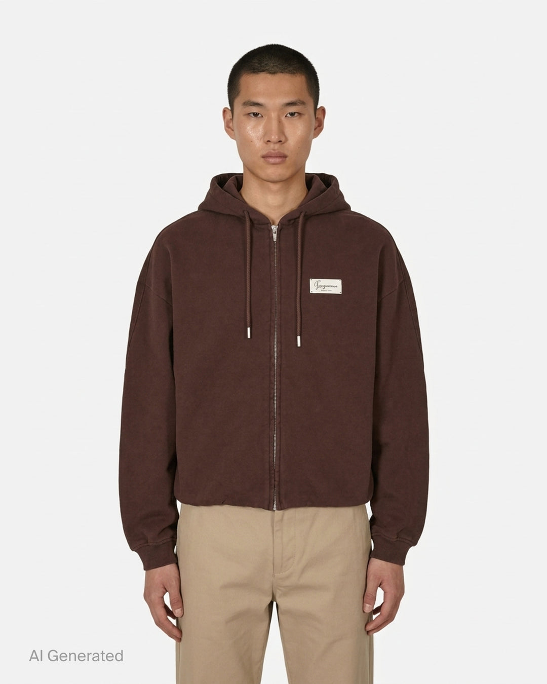 Jacquemus Montaigne oversized zip-up hoodie in beige with drawstring hood, ribbed cuffs and woven chest label - front