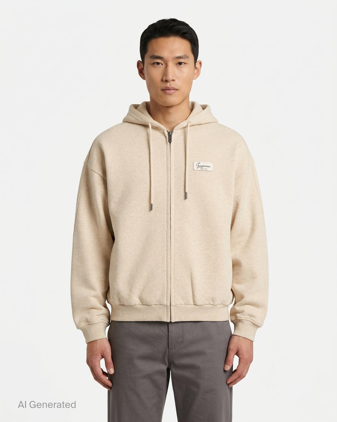 Jacquemus Montaigne oversized zip-up hoodie in beige with drawstring hood, ribbed cuffs and woven chest label - front