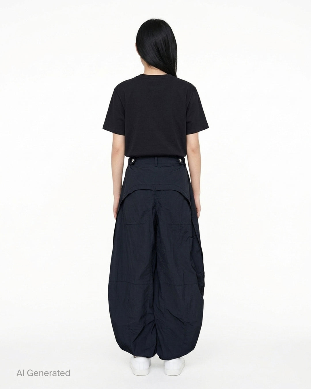Jacquemus Oval Cargo Pants in navy with a high waist, side zip pockets and rounded balloon legs, shown from the front - back