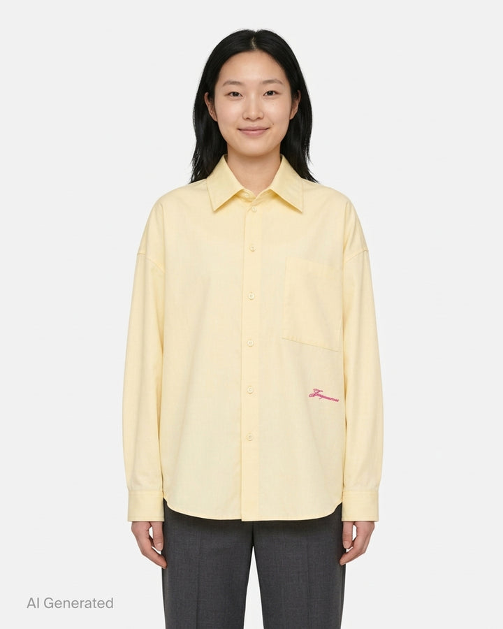 Jacquemus oversized pale yellow button-down shirt with chest patch pocket and pink script logo embroidery at the hem - front