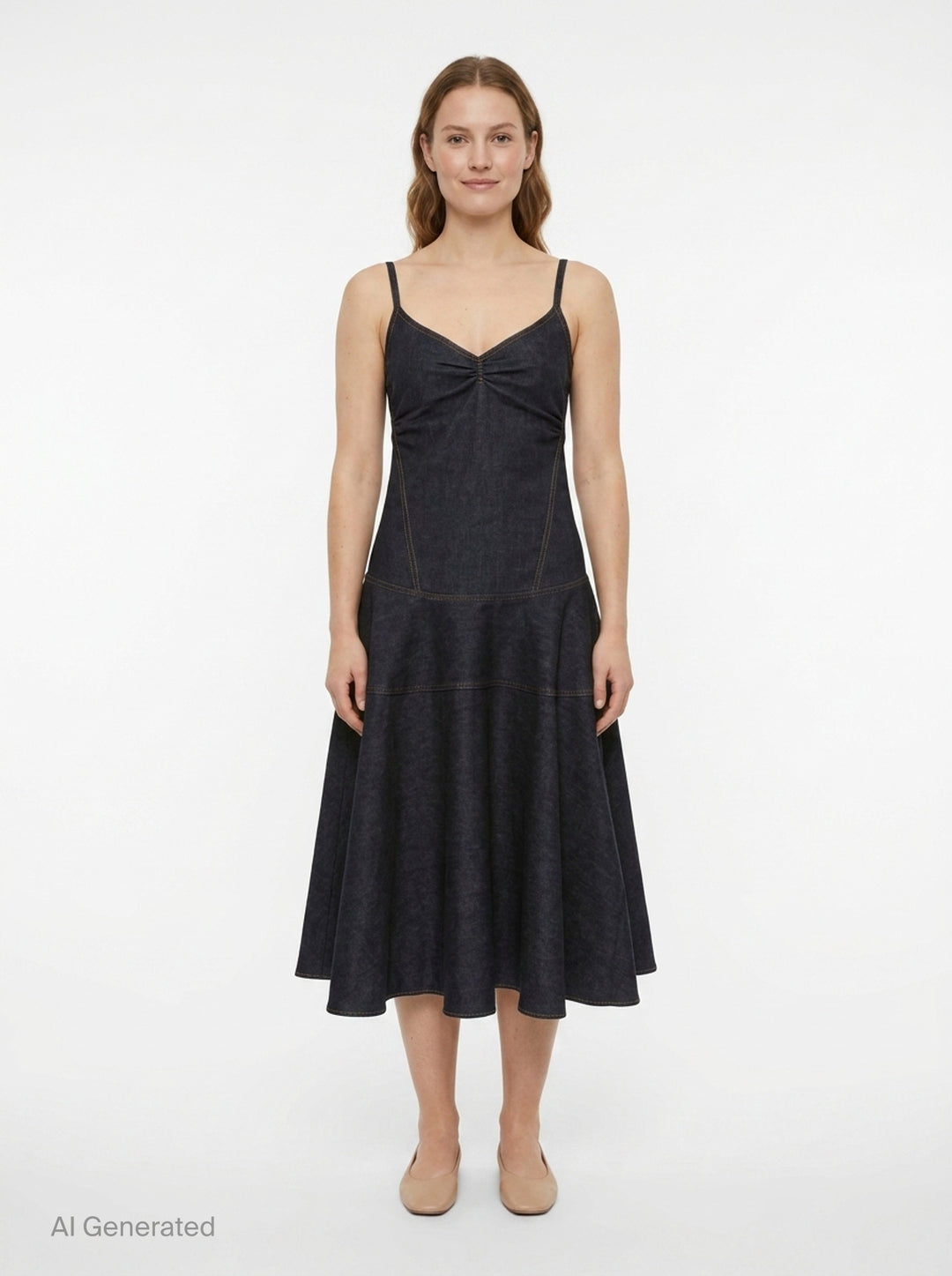 Jacquemus Pina dark indigo denim midi dress with ruched V-neckline, spaghetti straps, and a full drop-waist flared skirt with contrast topstitching, displayed on a plain white background - front