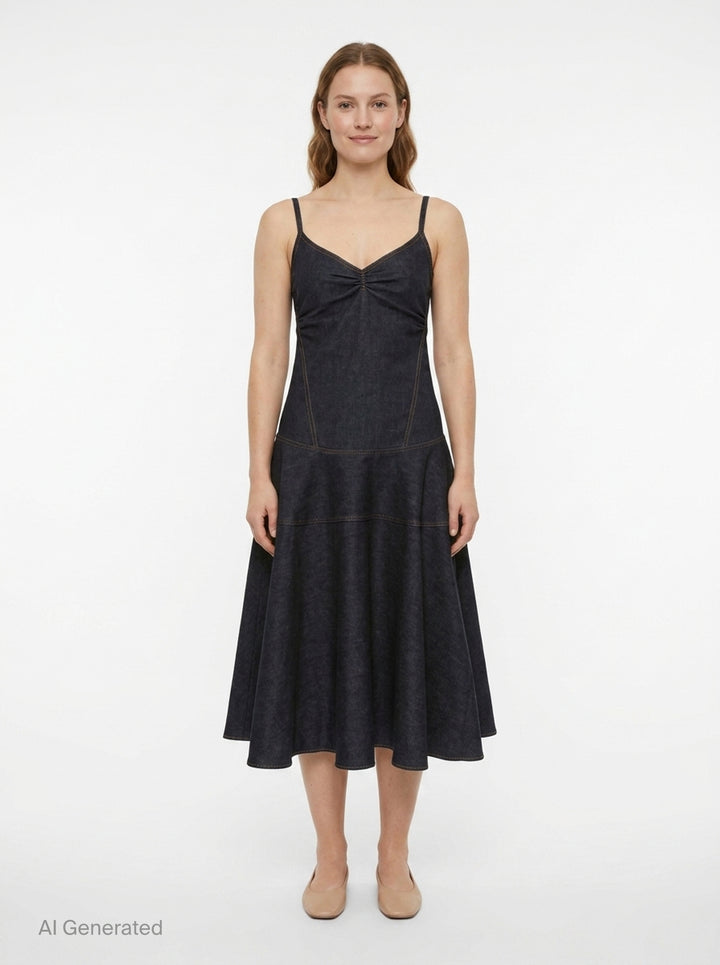 Jacquemus Pina dark indigo denim midi dress with ruched V-neckline, spaghetti straps, and a full drop-waist flared skirt with contrast topstitching, displayed on a plain white background - front